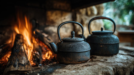 Teapot and kettle on the wooden table in front of the fireの素材