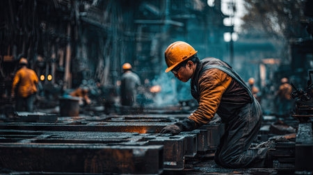 Worker welding metal with sparks at the factory. Sparks fly in different directions.の素材