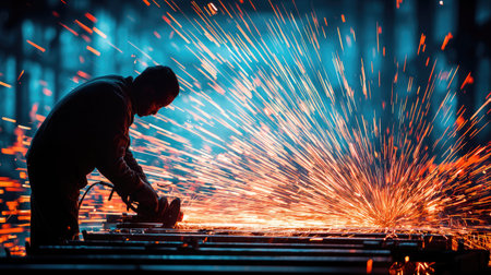 Industrial worker with protective mask welding steel structure in a factory.の素材