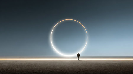 Conceptual image of businesswoman looking at spiral in empty spaceの素材