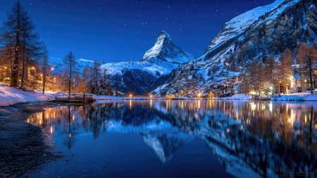Matterhorn at night with reflection in Zermatt, Switzerlandの素材