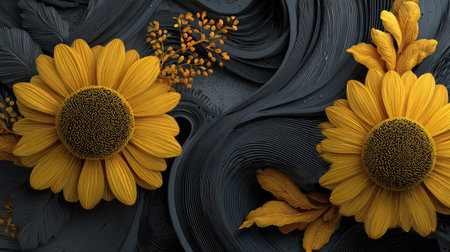 3d render of abstract background with black and yellow sunflowersの素材