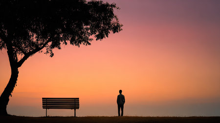 Silhouette of a man standing on a bench and looking at the sunsetの素材