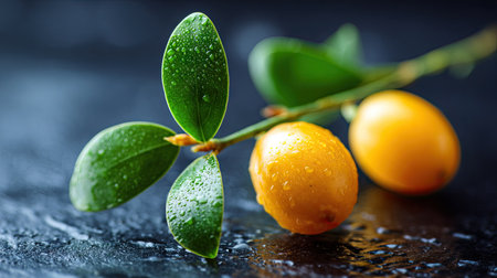 Fresh kumquat fruits with leaves on a black background.の素材