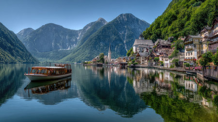 Hallstatt village on the shore of Lake Hallstattersee in Austriaの素材