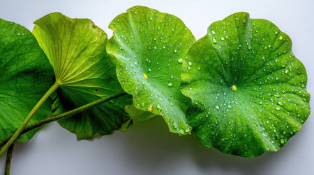 Lotus leaf with water drops on white background, close up.の素材