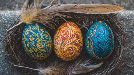 Colorful easter eggs in nest with feathers on stone background.の素材