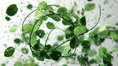 Green leaves with water drops, closeup. Ecology concept. Natural backgroundの素材
