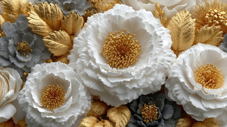 Beautiful white and gold artificial flowers as a background, top viewの素材