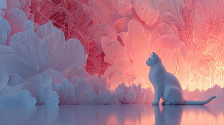 White cat sitting on a background of flowers. 3D rendering.の素材
