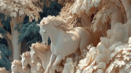 3d rendering of a white horse in a fantasy forest with treesの素材