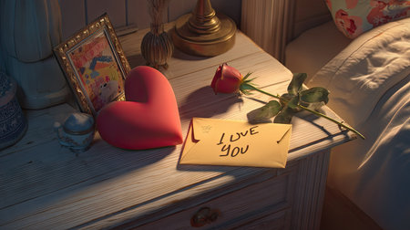 Love letter with red heart on bedside table. Valentine's day backgroundの素材