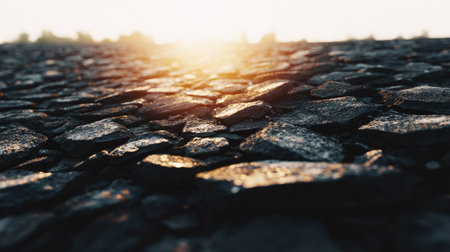 Cobblestone road background with sun light. Close up.の素材
