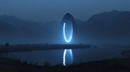 Futuristic landscape with a glowing sphere in the middle of the lake.の素材