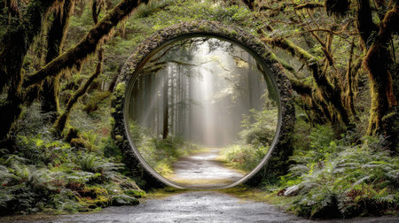 Old tunnel in the rainforest with fog and sunrays through itの素材