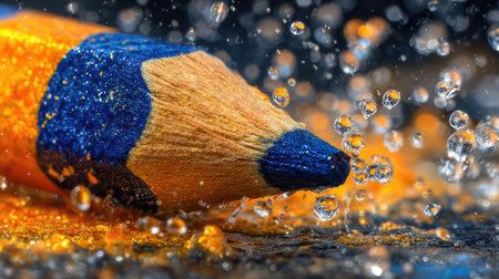 close up of a pencil with water droplets on a black backgroundの素材