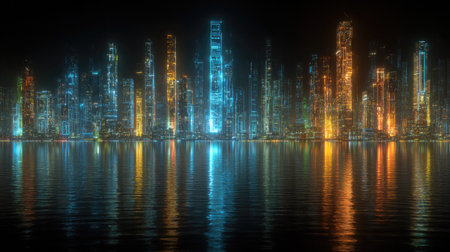 Futuristic city at night with reflections in water. 3d renderingの素材