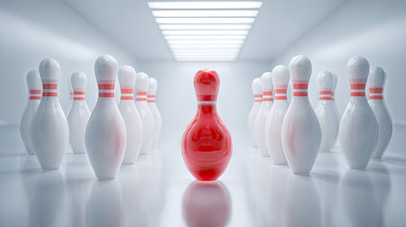 Bowling pins and one red ball in the center. 3D rendering.の素材