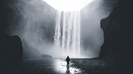 Silhouette of a man standing in front of a waterfall in Icelandの素材