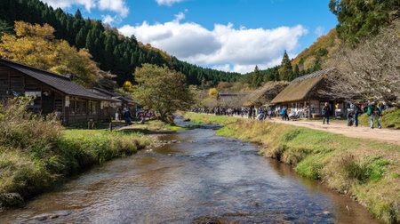Unidentified people visit Shirakawa-go in autumn. Shirakawa-go is a UNESCO World Heritage Site.の素材