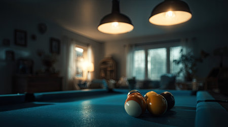 Billiard balls on a billiard table in a room at nightの素材