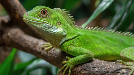 Green iguana on a branch in the garden. Close up.の素材
