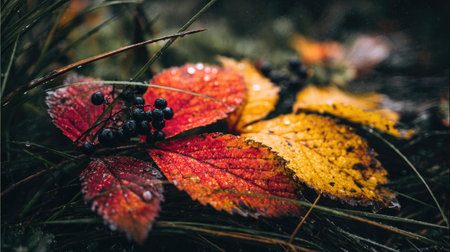 Autumn leaves and berries in the forest. Selective focus.の素材