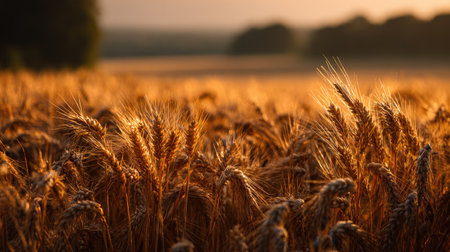 Sunset over a field of wheat with a shallow depth of fieldの素材