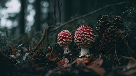 Two fly agaric mushrooms in the forest. Beautiful nature scene.の素材
