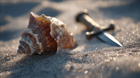 Cross and seashell on the beach. Selective focus, shallow depth of field.の素材