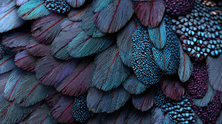 Pheasant feathers background. Close up of colorful feathers texture.の素材