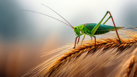 Grasshopper on a spike of wheat. Close-upの素材
