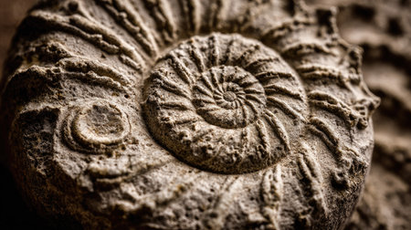 Close-up of an ammonite fossil in a sandstone.の素材