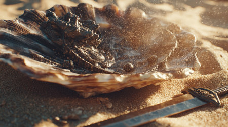 Opened oyster shell on the sand with a knife. Selective focus.の素材
