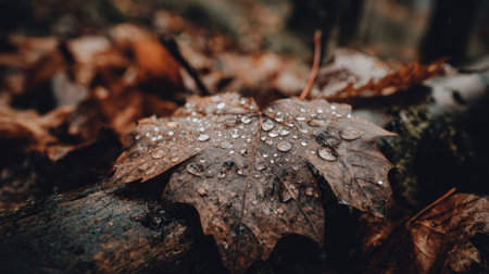 Raindrops on a leaf in the autumn forest. Selective focus.の素材