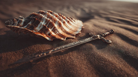 Medieval sword and seashell on the sand. Selective focus.の素材
