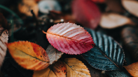 Autumn leaves on the ground. Colorful autumn leaves background.の素材