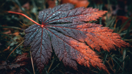 Autumn maple leaf with drops of dew in the forest.の素材
