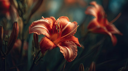 Beautiful orange lily flower in the garden. Soft focus.の素材