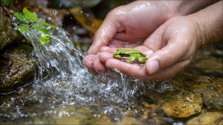 Green frog in the hands of a woman, on the background of a waterfallの素材