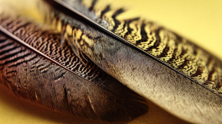 feathers of a bird on a yellow background close-upの素材