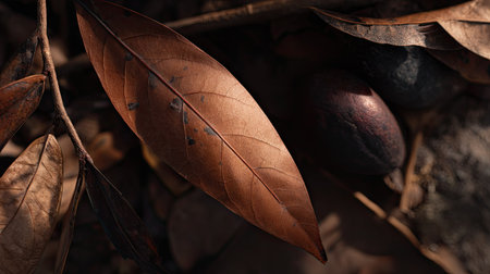 Cocoa fruit and leaves on the ground in the forest.の素材