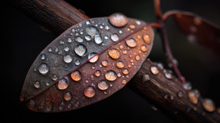 Water droplets on the leaves of a tree in the rain.の素材