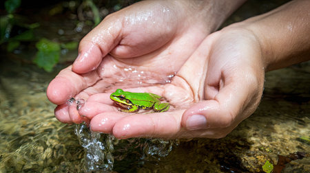 Green frog in the hands of a man on a background of waterの素材