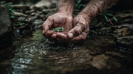 Elderly man is holding a frog in his hands. The concept of caring for nature.の素材
