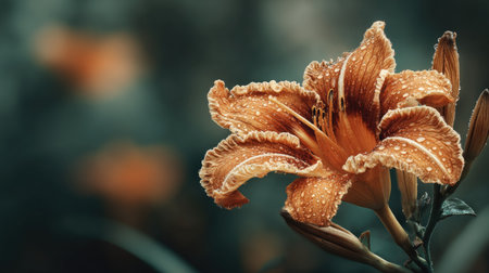 Close-up of orange lily flower with water drops on petalsの素材
