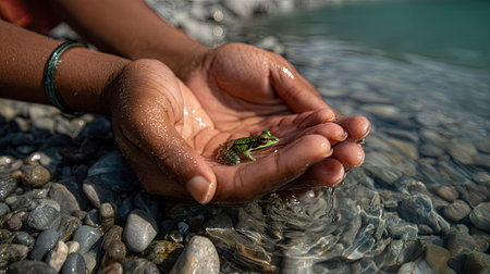 Green frog in the hands of a child on the seashoreの素材