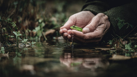 Hands of a fisherman holding a fishing rod in a river.の素材