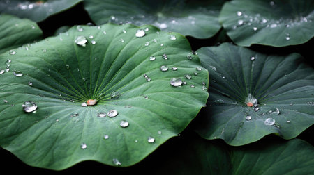 Lotus leaf with water droplets, close up. Nature backgroundの素材