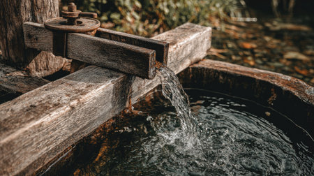 Close-up of a wooden well with water flowing from it.の素材